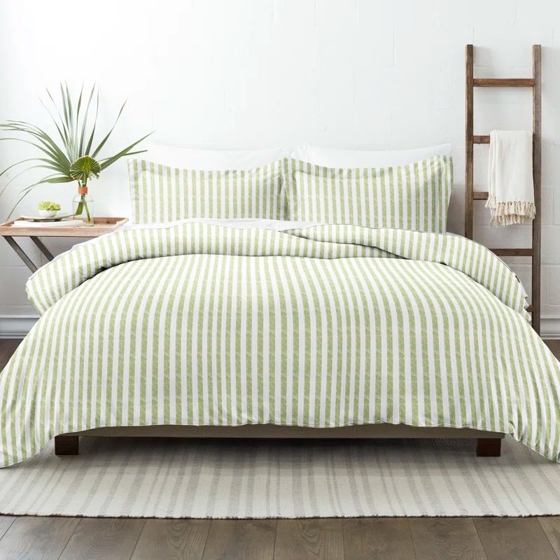 Sage and White Striped Queen Microfiber Duvet Cover Set