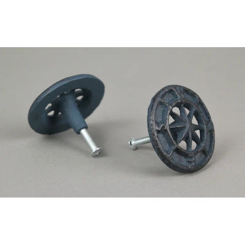 Set of 12 Dark Blue Cast Iron Nautical Compass Rose Drawer Pulls