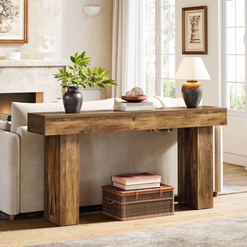 63-Inch Rustic Brown Wooden Console Table with Storage