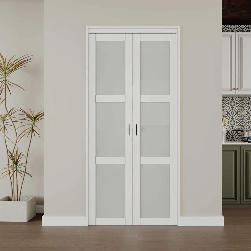 72 in. x 80 in. White MDF Bi-Fold Door with Frosted Glass Panels