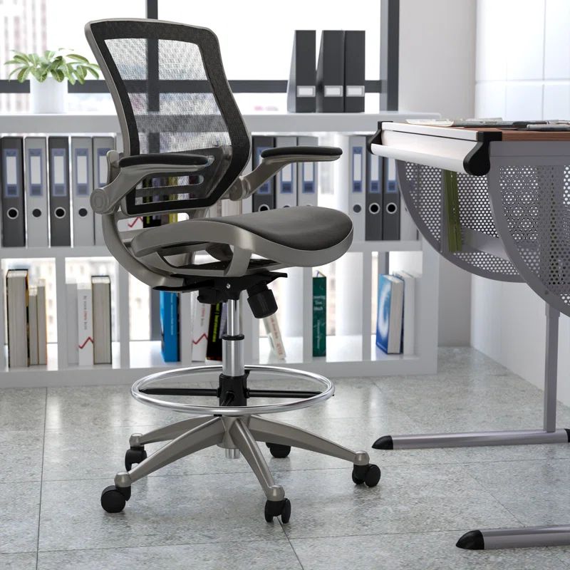 Graphite Silver & Transparent Black Mesh Drafting Chair with Adjustable Arms