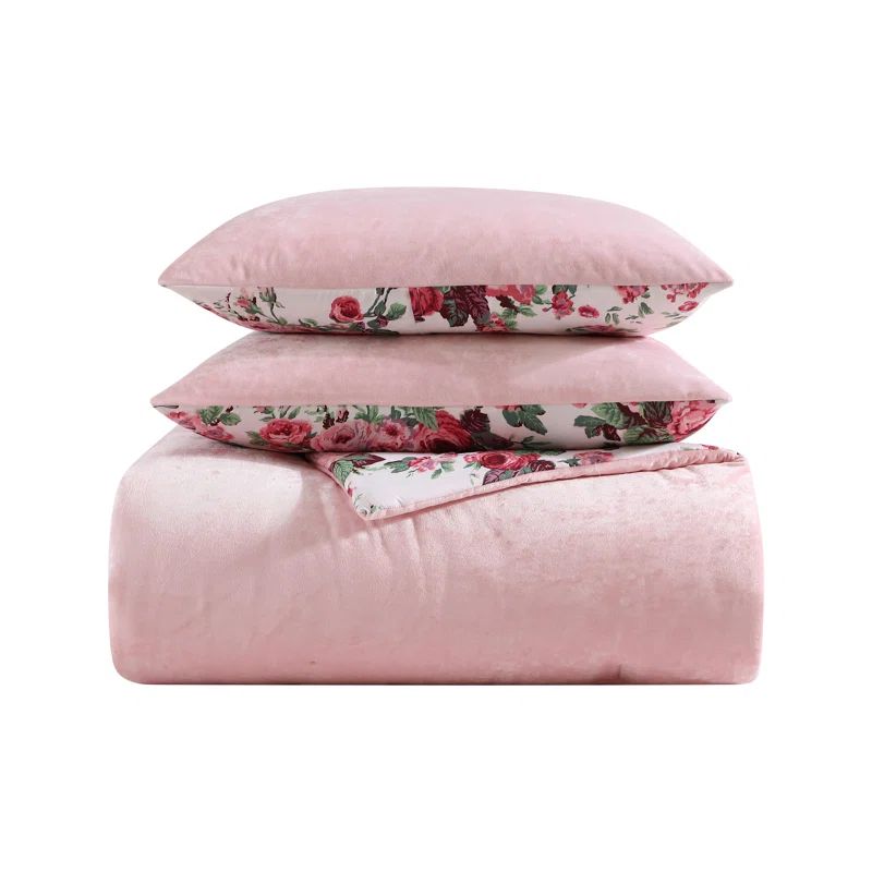 Twin Pink Velvet Reversible Comforter Set with Floral Design