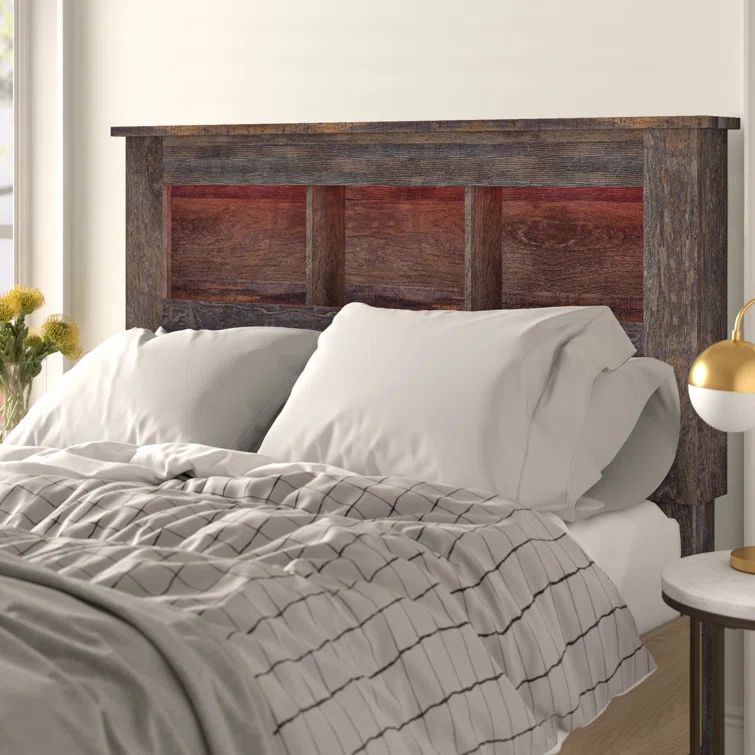 Rustic Industrial King Bookcase Headboard with LED Light, Weatherworn Brown