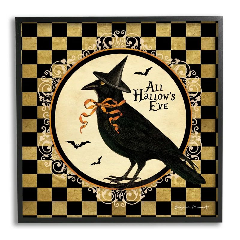 Halloween Crow Black Framed Rustic Wood Art Print
