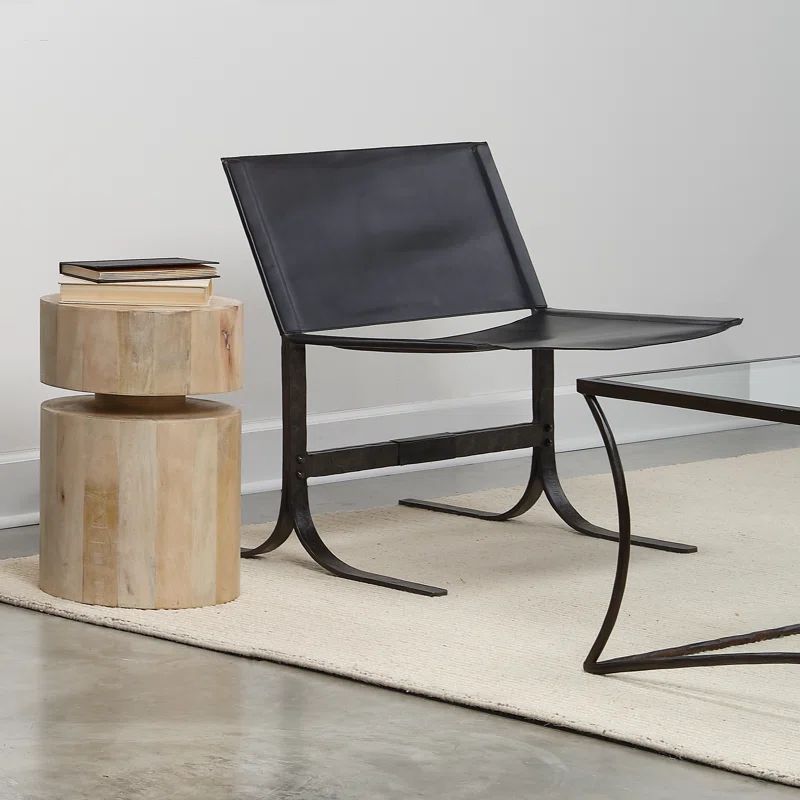 Black Leather and Iron Handcrafted Sling Chair