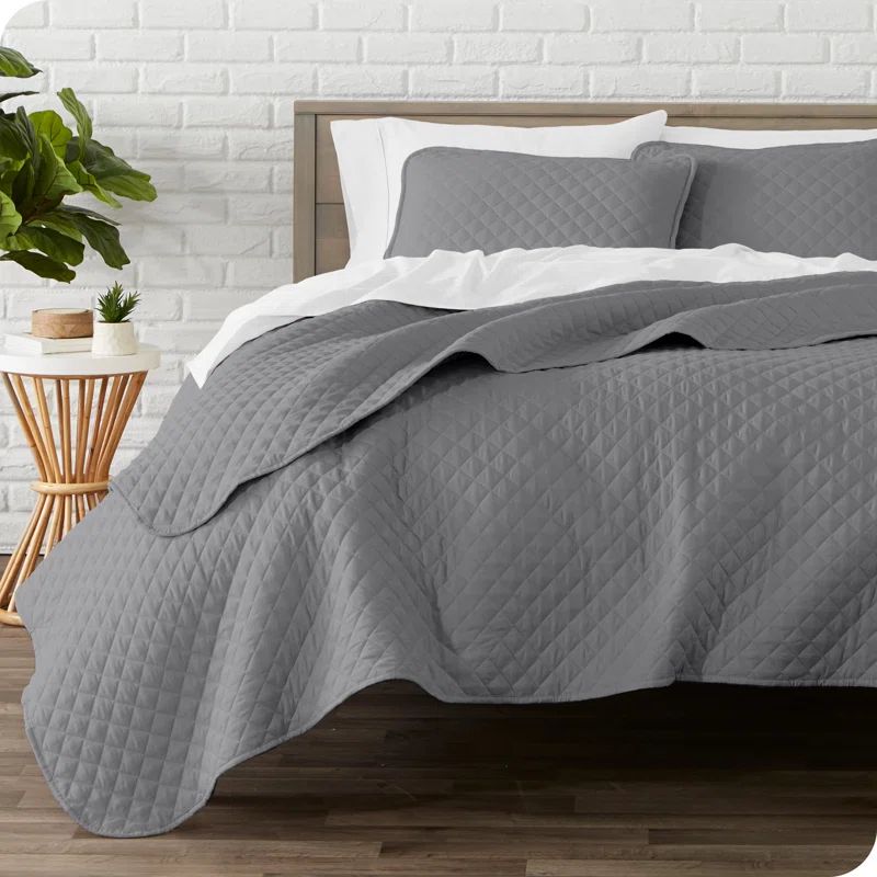 Gray Diamond Stitched Microfiber Twin Coverlet Set