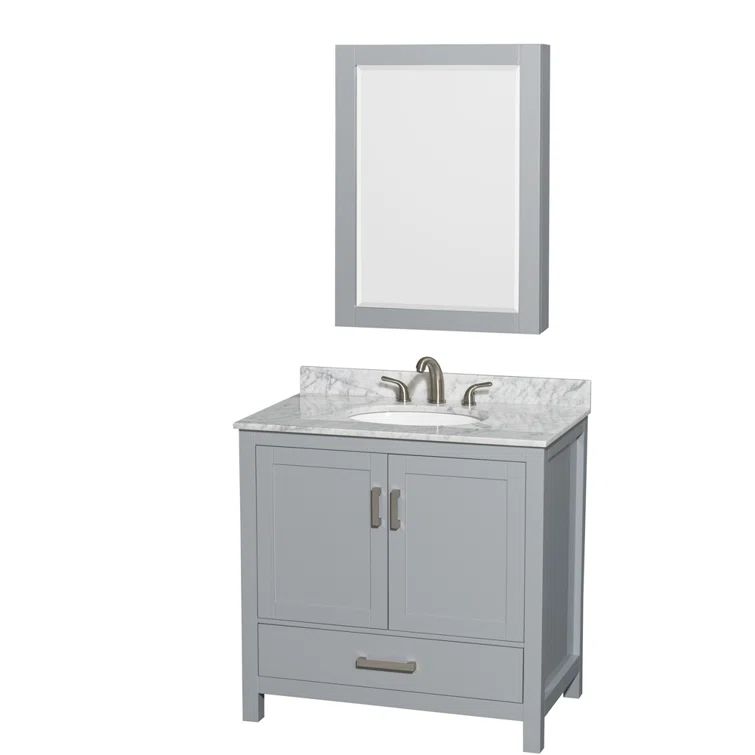 Gray Single Sink Bathroom Vanity with White Marble Top