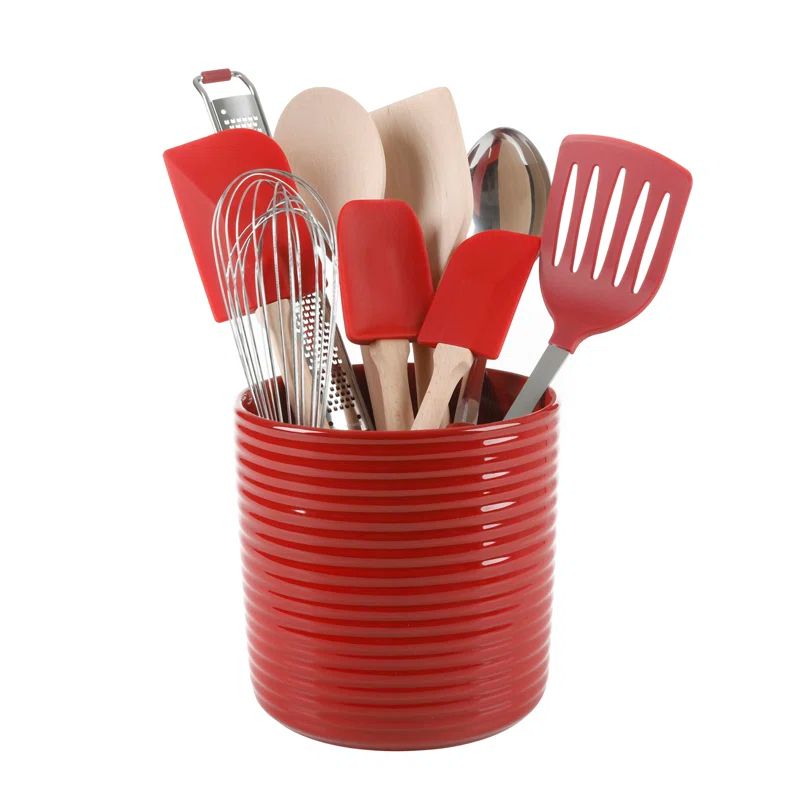 Red 10-Piece Wood and Silicone Kitchen Tool Set with Ceramic Crock