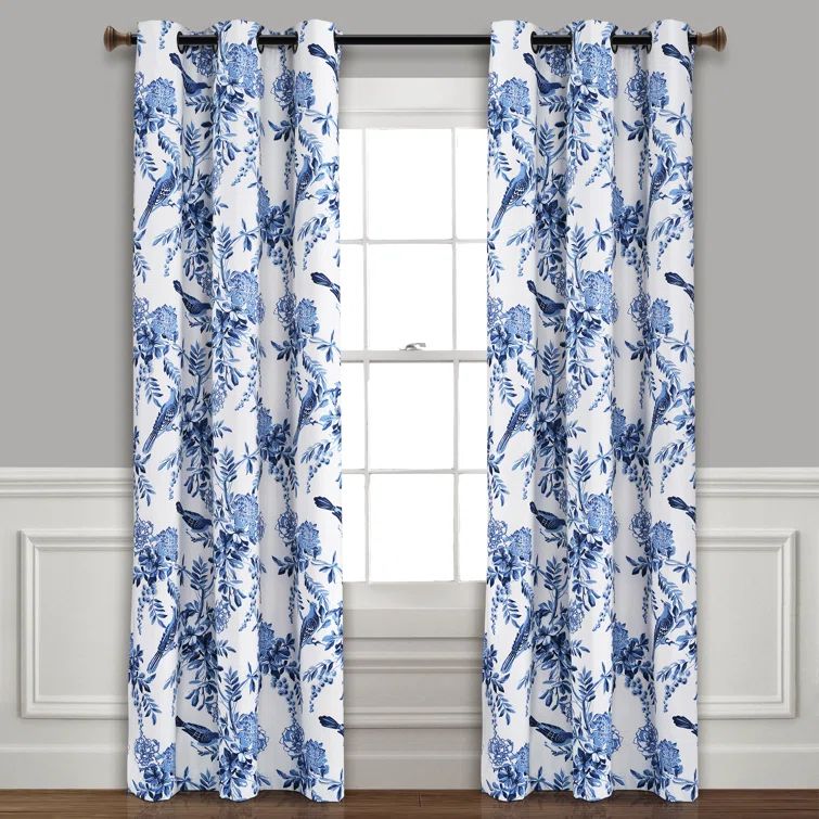 White and Blue Farmhouse Bird and Flower Blackout Curtain Panels