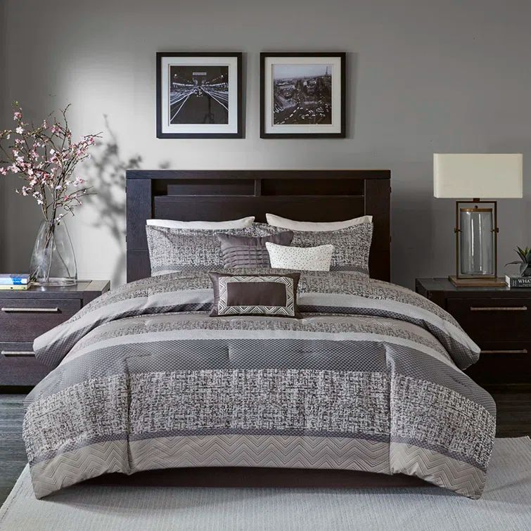 King Grey and Taupe Jacquard Comforter Set with Decorative Pillows