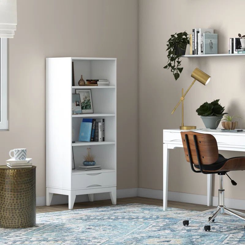 Transitional Solid Hardwood Adjustable Bookcase with Storage in White