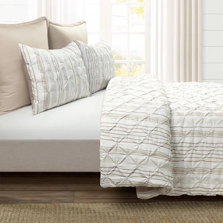Neutral Full/Queen Microfiber Pintuck Striped Comforter Set