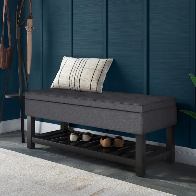 Slate Gray Tufted Wood Rectangular Ottoman Bench with Storage