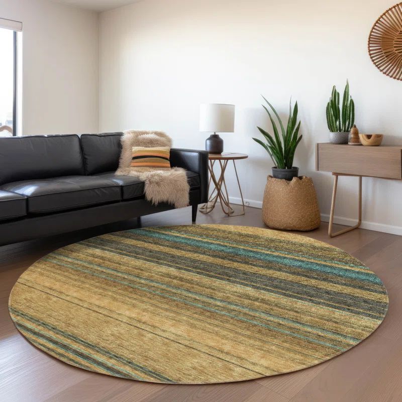 Wheat and Gray Round Synthetic Stripe Rug 8' x 8'