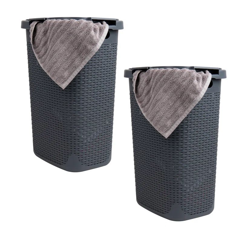 Gray Rectangle Wicker Style Plastic Laundry Hamper Set with Lid