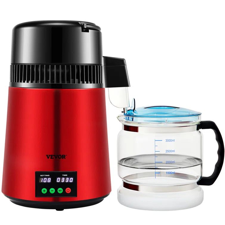 Red Stainless Steel Countertop Water Distiller with Glass Carafe