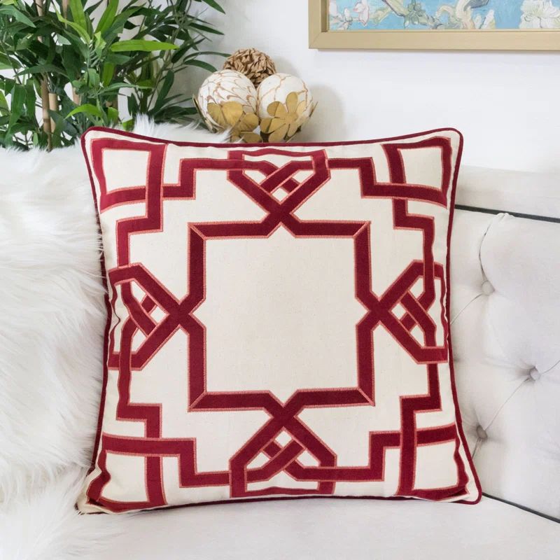 Carly 20" Square Red Cotton Embroidered Decorative Throw Pillow