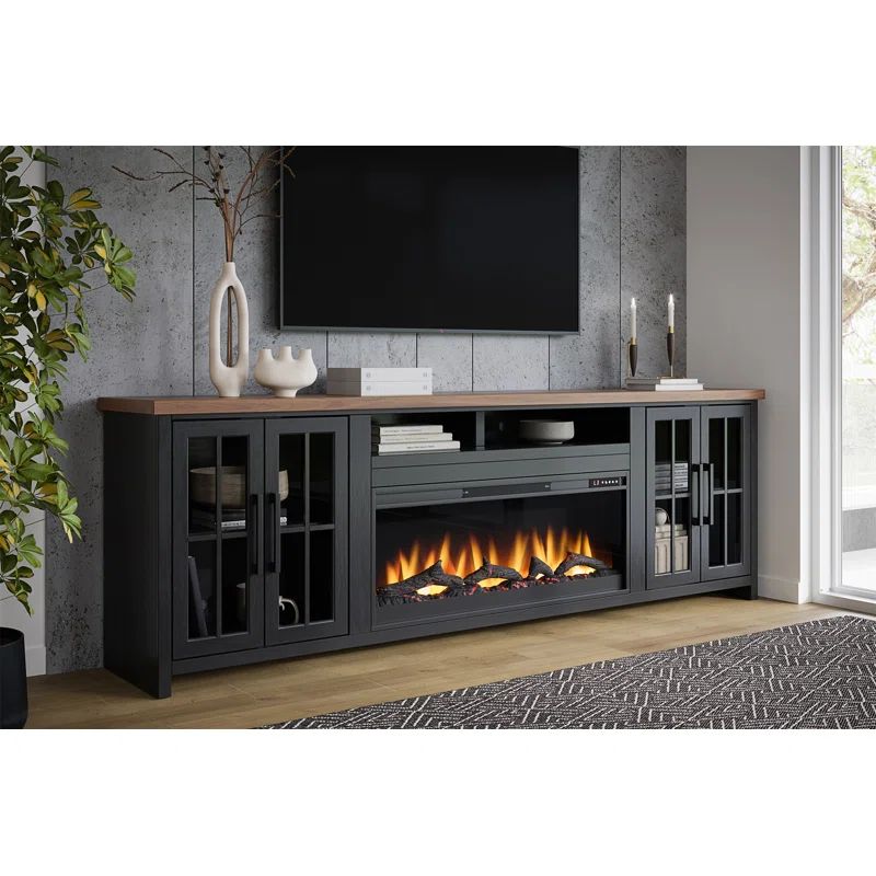 Essex 97 Inch Black and Whiskey Fireplace TV Stand with Cabinet