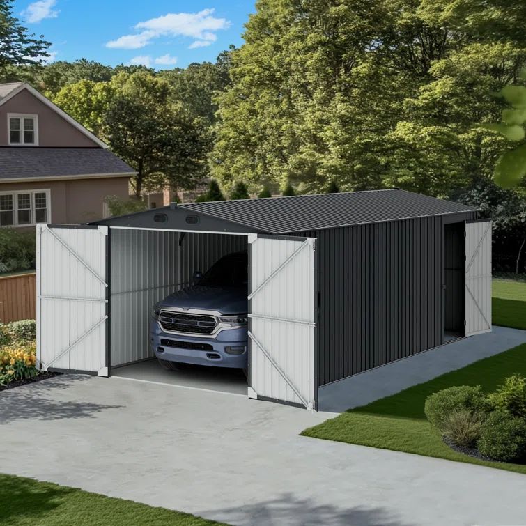 Sunjoy 10' x 20' Dark Gray Steel Outdoor Storage Shed
