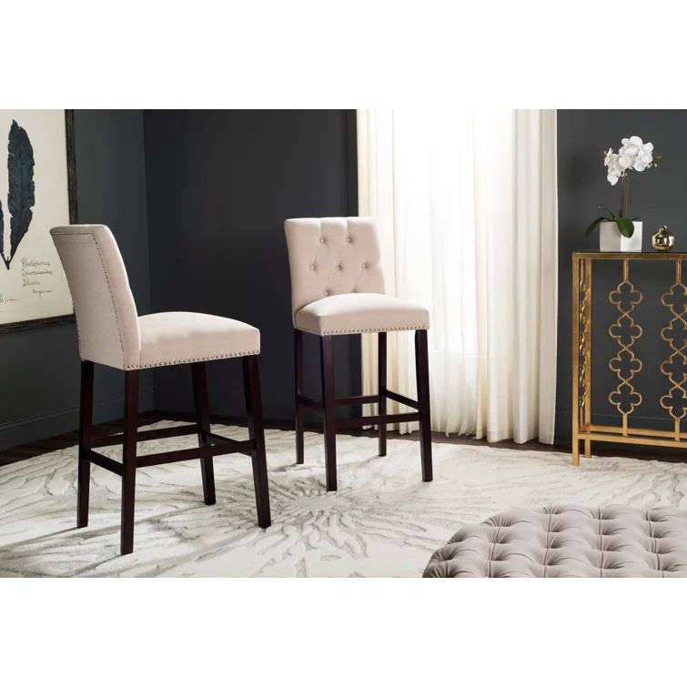 Beige Upholstered Wood and Metal Transitional Bar Stools