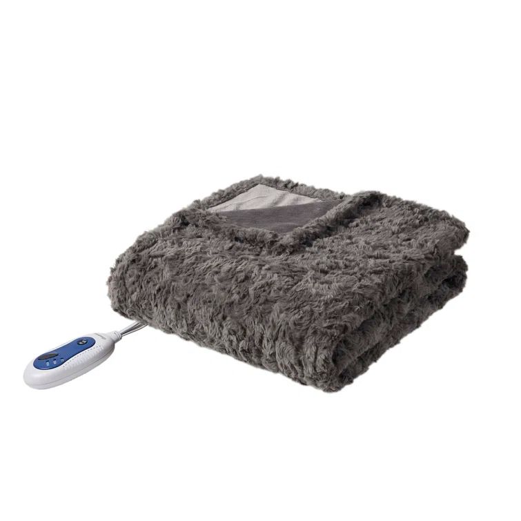 Oversized Dark Gray Faux Fur Electric Heated Throw Blanket