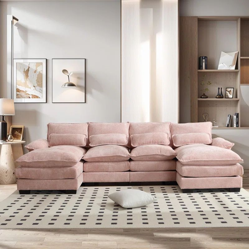 Pink Chenille 110" U-Shaped Sectional Sofa with Deep Cushions
