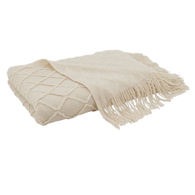 Ivory Cotton Knitted 50"x60" Reversible Throw with Fringed Edges