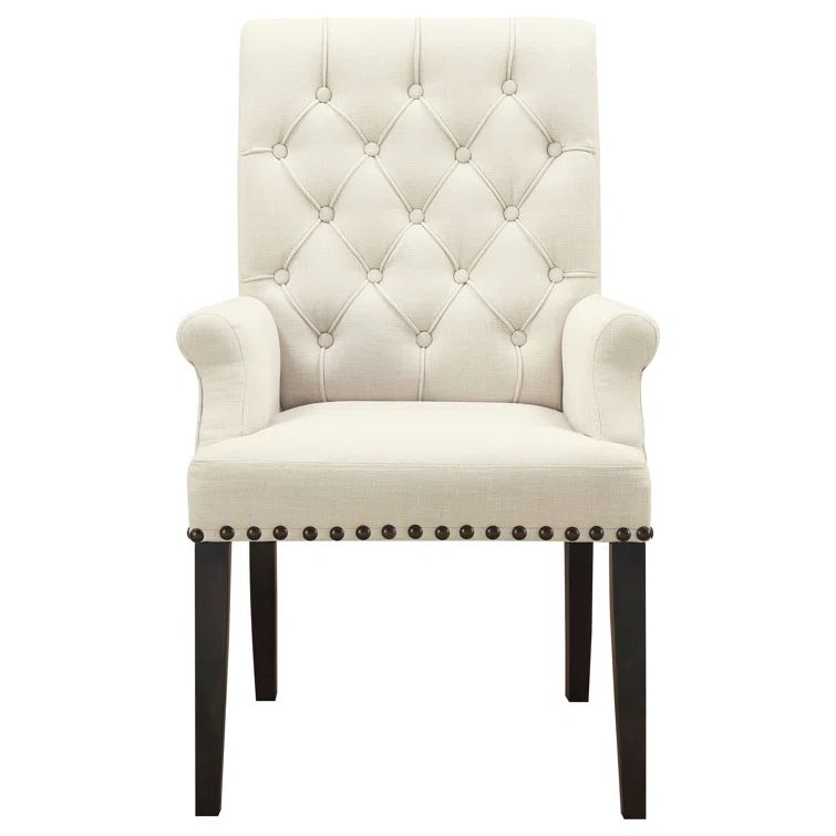 Elegant Cream Upholstered Dining Arm Chair with Tufted Backrest