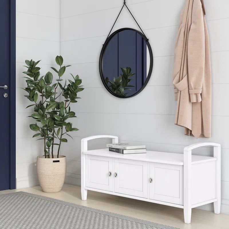 White Solid Wood Entryway Storage Bench with Shaker Doors
