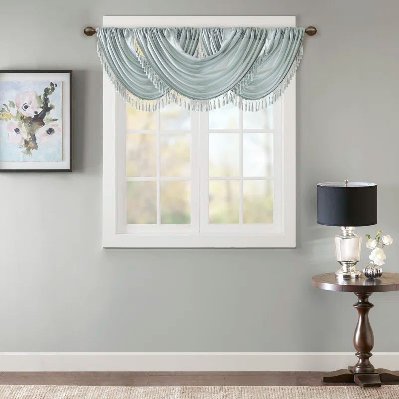 Dusty Aqua Faux Silk Waterfall Valance with Tassel Trim
