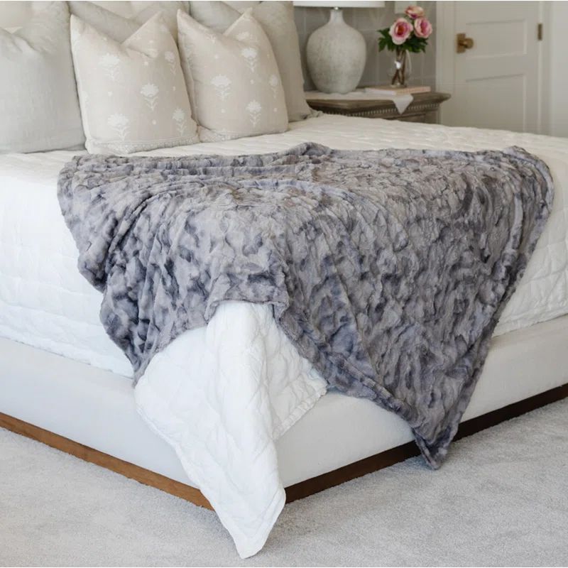Large Marbled Gray Faux Fur Reversible Throw Blanket