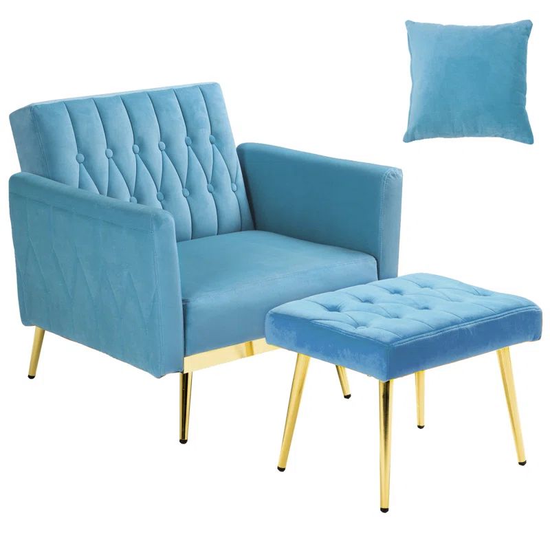 Baby Blue Velvet Accent Chair with Ottoman and Gold Legs