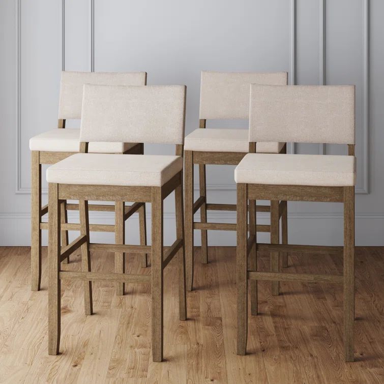 Linus Natural Flax Upholstered Bar Stools with Rubberwood Legs, Set of 4