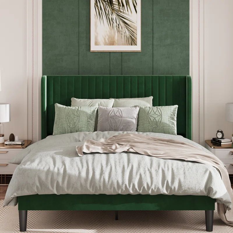 Elegant Teal Velvet Queen Platform Bed with Tufted Wingback Headboard