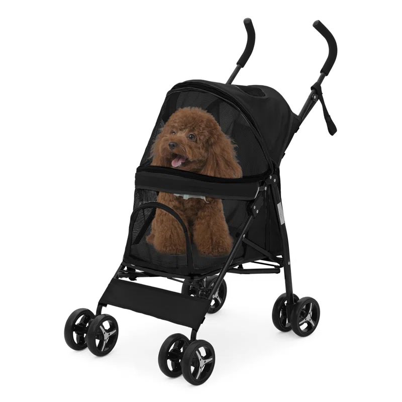 Black Foldable Pet Stroller with Mesh Window and Storage