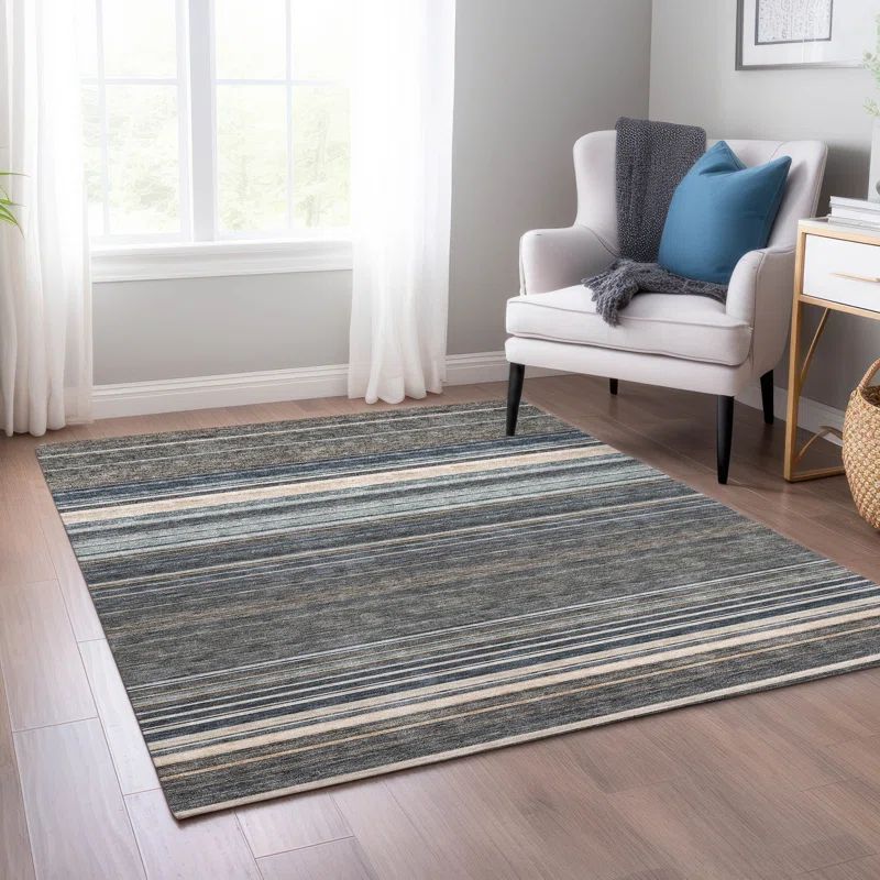 Taupe Stripe Rectangular Washable Synthetic Rug 3 ft x 5 ft