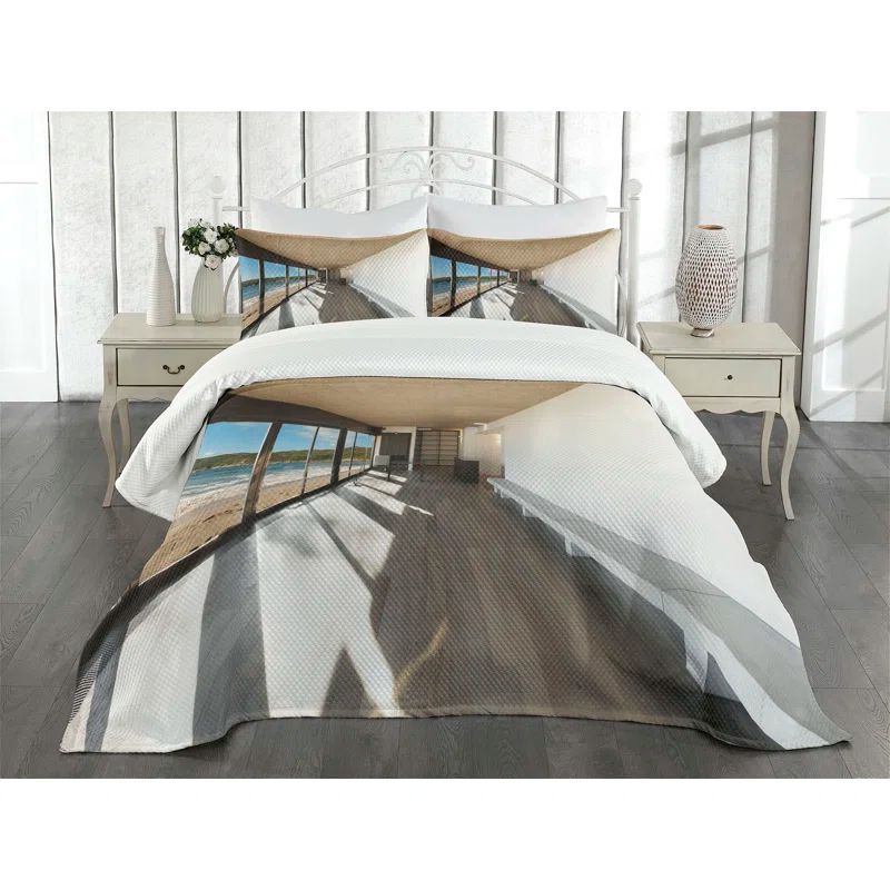 Beach View Quilted Brown Polyester Queen Bedspread Set
