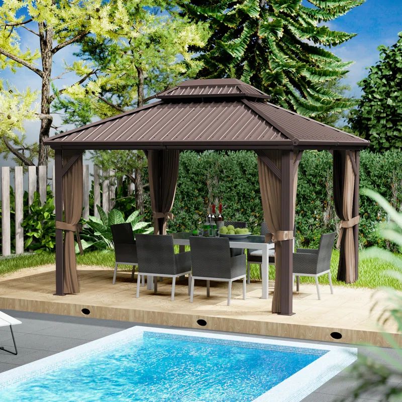 10-ft x 12-ft Brown Aluminum Hardtop Gazebo with Screen