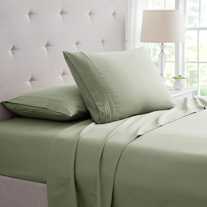 Sage Twin Bamboo Microfiber Embroidered 4-Piece Sheet Set