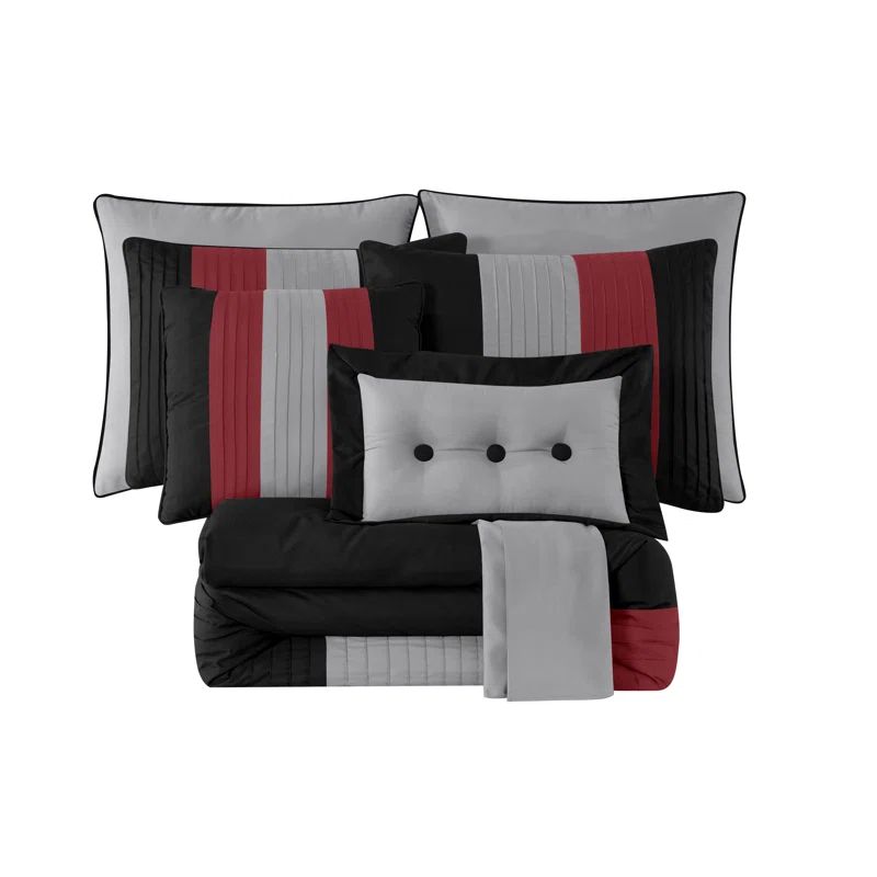 Queen Red Black Gray Microfiber Striped Comforter Set