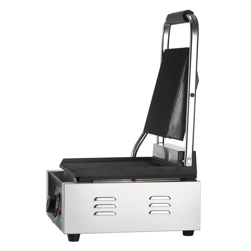 Silver Stainless Steel Commercial Panini Grill with Grooved Enamel Plate