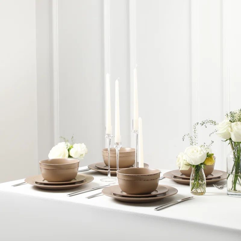 Hazel Sand Ceramic 12-Piece Round Dinnerware Set