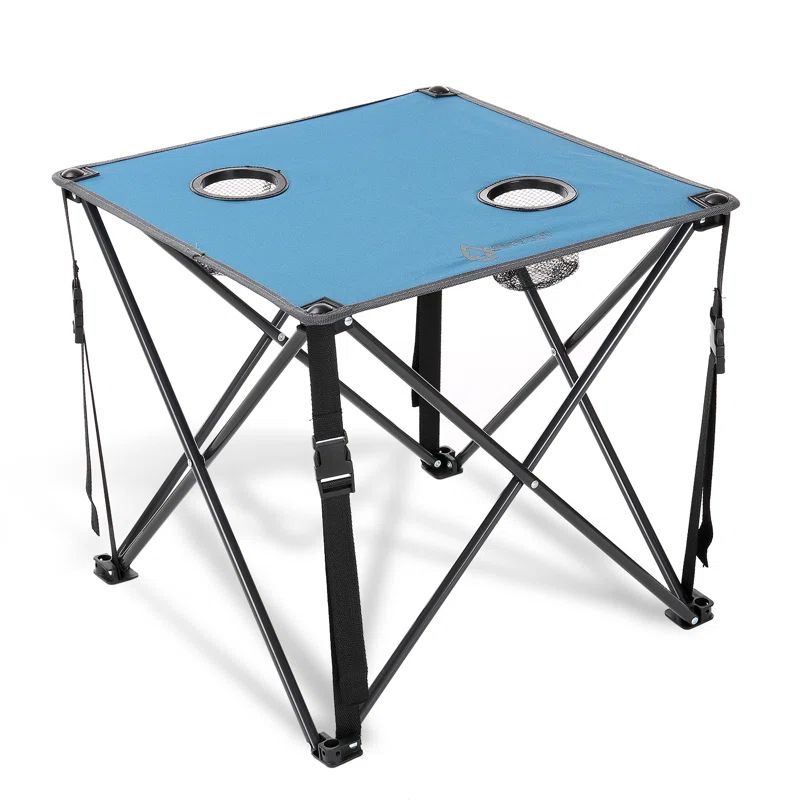 Blue Heavy-Duty Steel Frame Folding Camping Table with Cup Holders