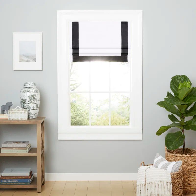 White and Black Cordless Fabric Blackout Roman Shade, 31" x 64"