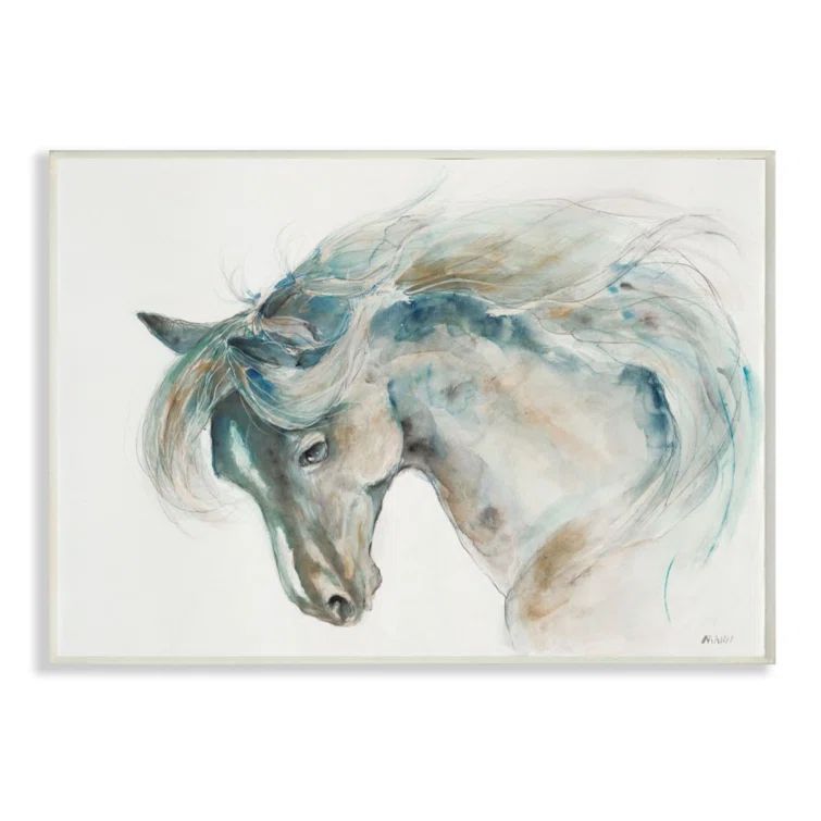 Minimalist Off-White and Blue Watercolor Horse Portrait Wood Wall Art
