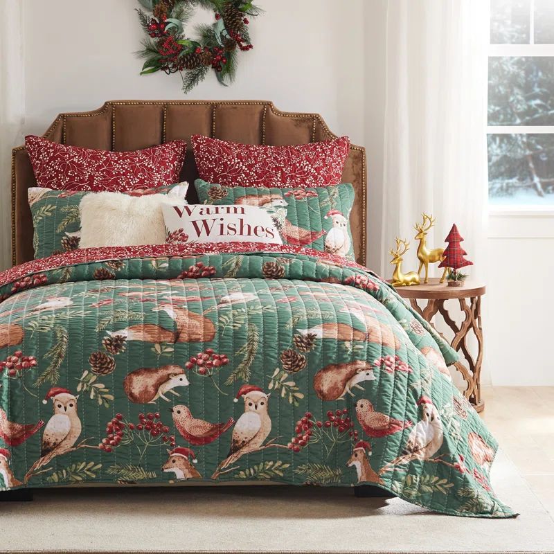 King Red Microfiber Reversible Holiday Quilt Set