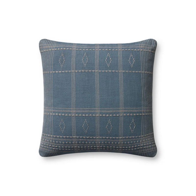 Blue Slate Cotton Windowpane Check Throw Pillow with Down Insert