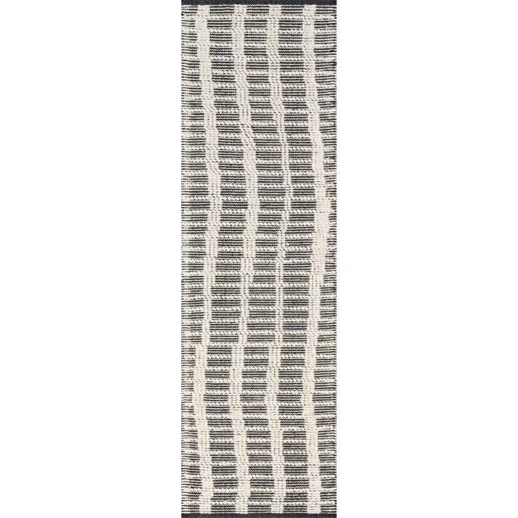 Handmade Black and Ivory Wool Striped Runner Rug 2' x 8'