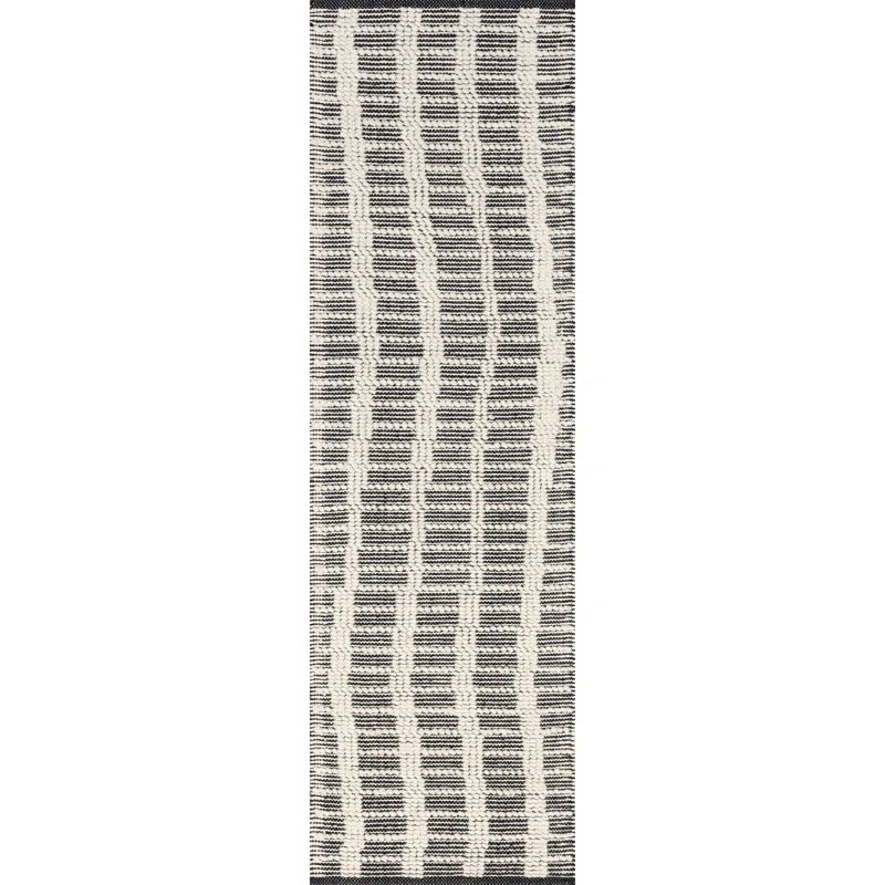 Handmade Black and Ivory Wool Striped Runner Rug 2' x 8'
