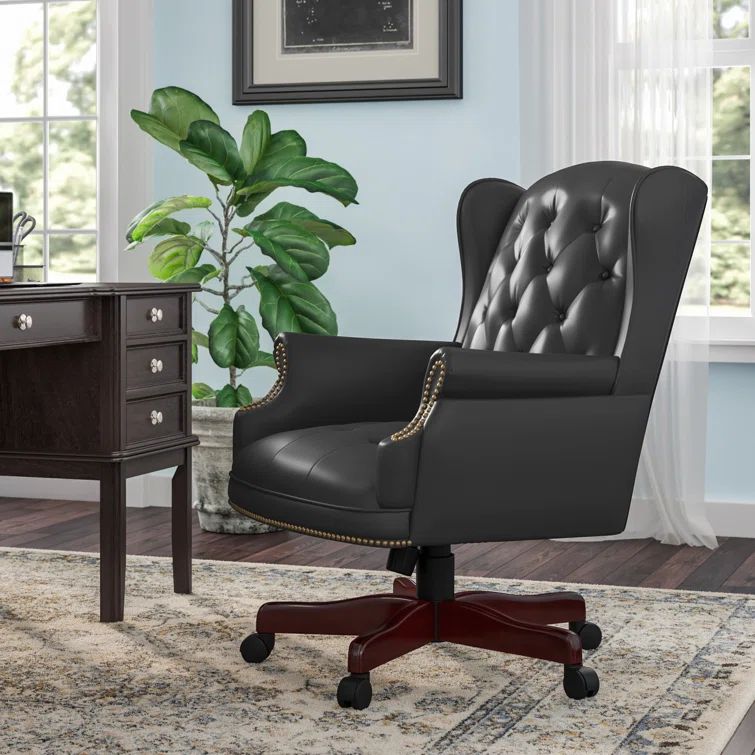 Elegant High-Back Swivel Banker Chair in Black Vinyl and Mahogany Wood